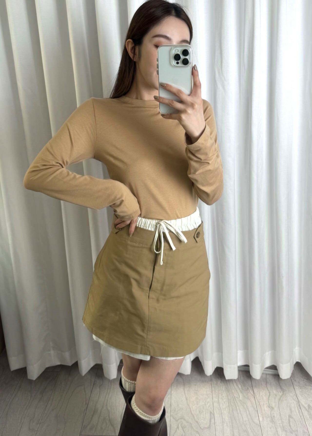 深杏 挖背綁結長袖上衣