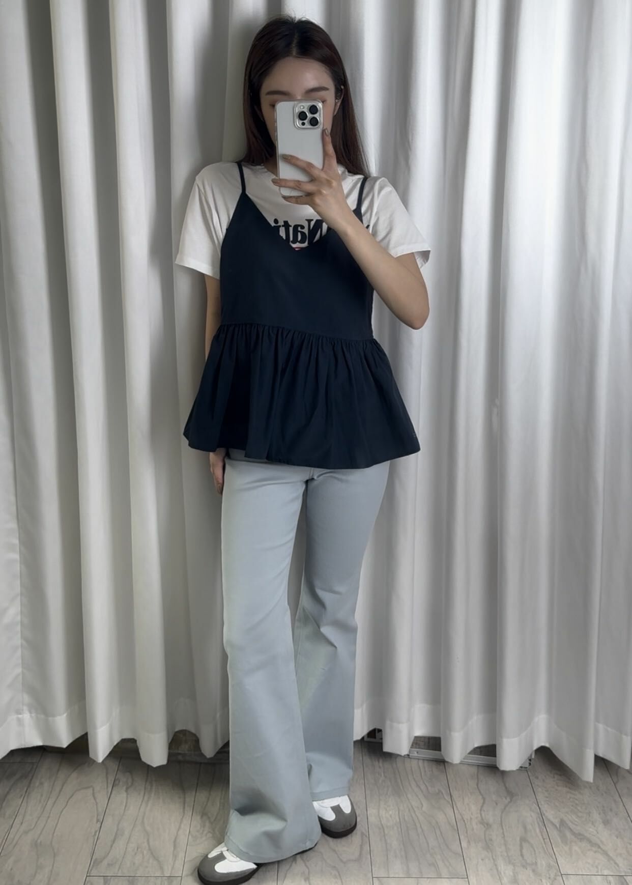 霧藍 瘦瘦喇叭牛仔長褲