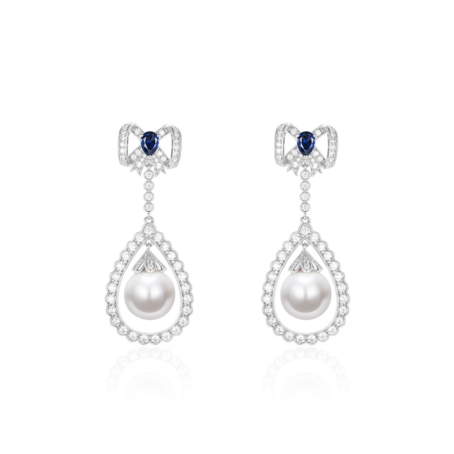 皇家藍蝴蝶结仿珍珠耳環  925銀耳環