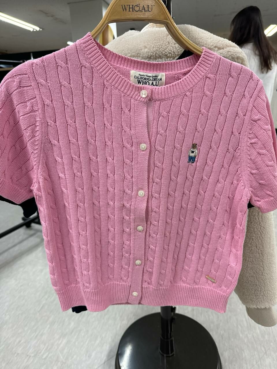 [K] WHO.A.U CABLE CROP SHORT SLEEVE CARDIGAN,PINK, WHCKD3701F-00-PINK (KWAU213)