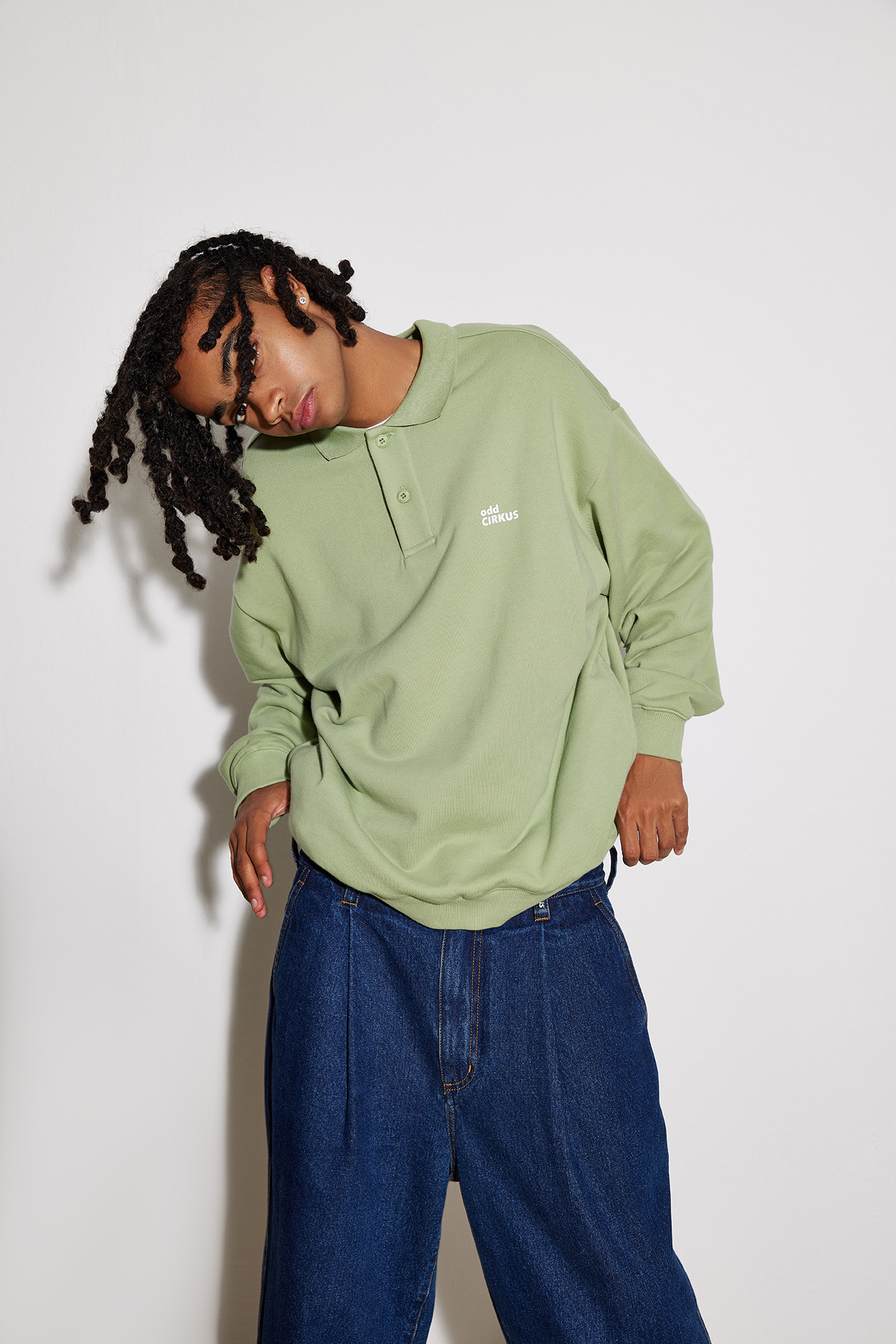 odd CIRKUS復古Polo領重磅長袖上衣 果綠