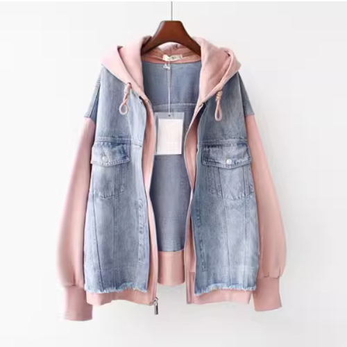 Fake two piece hooded denim jacket