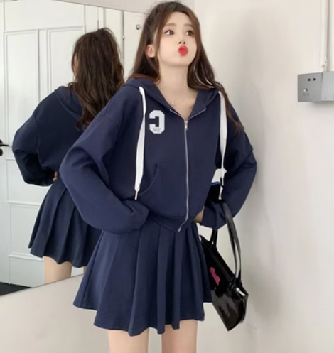 Hooded sweatshirt jacket + skirt suit