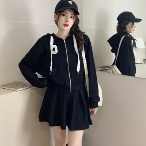 Hooded sweatshirt jacket + skirt suit