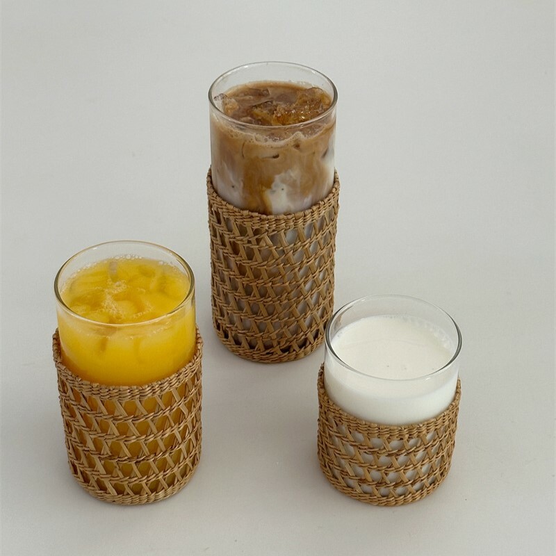 《3381》ins手工藤編杯套+玻璃杯組