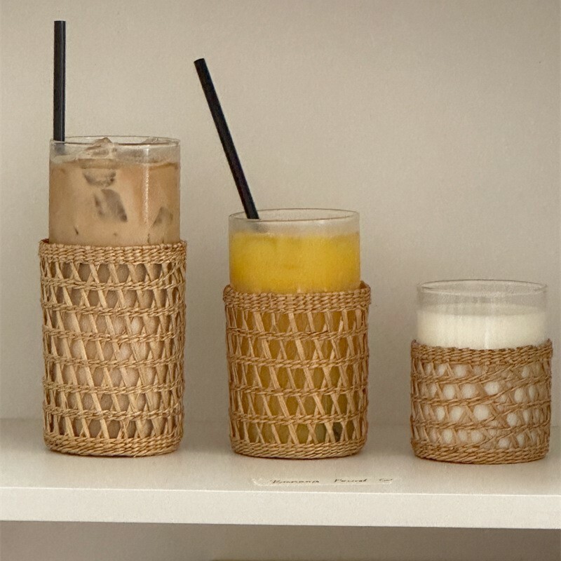 《3381》ins手工藤編杯套+玻璃杯組
