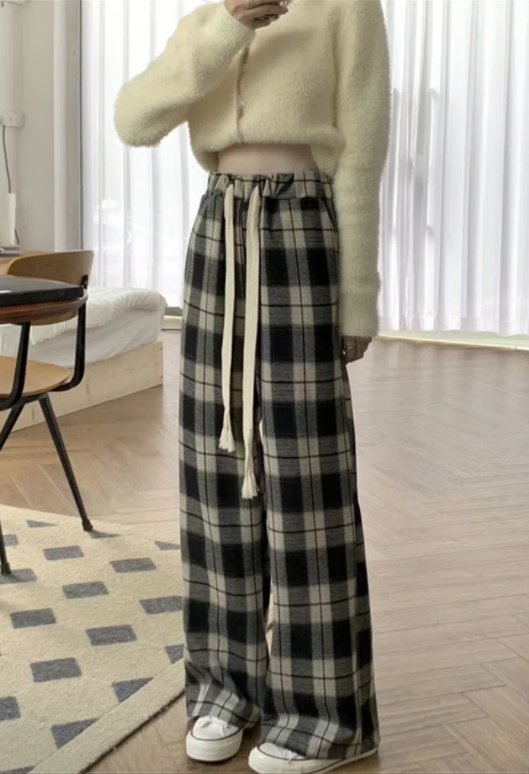 Plaid wool high waist wide leg pants