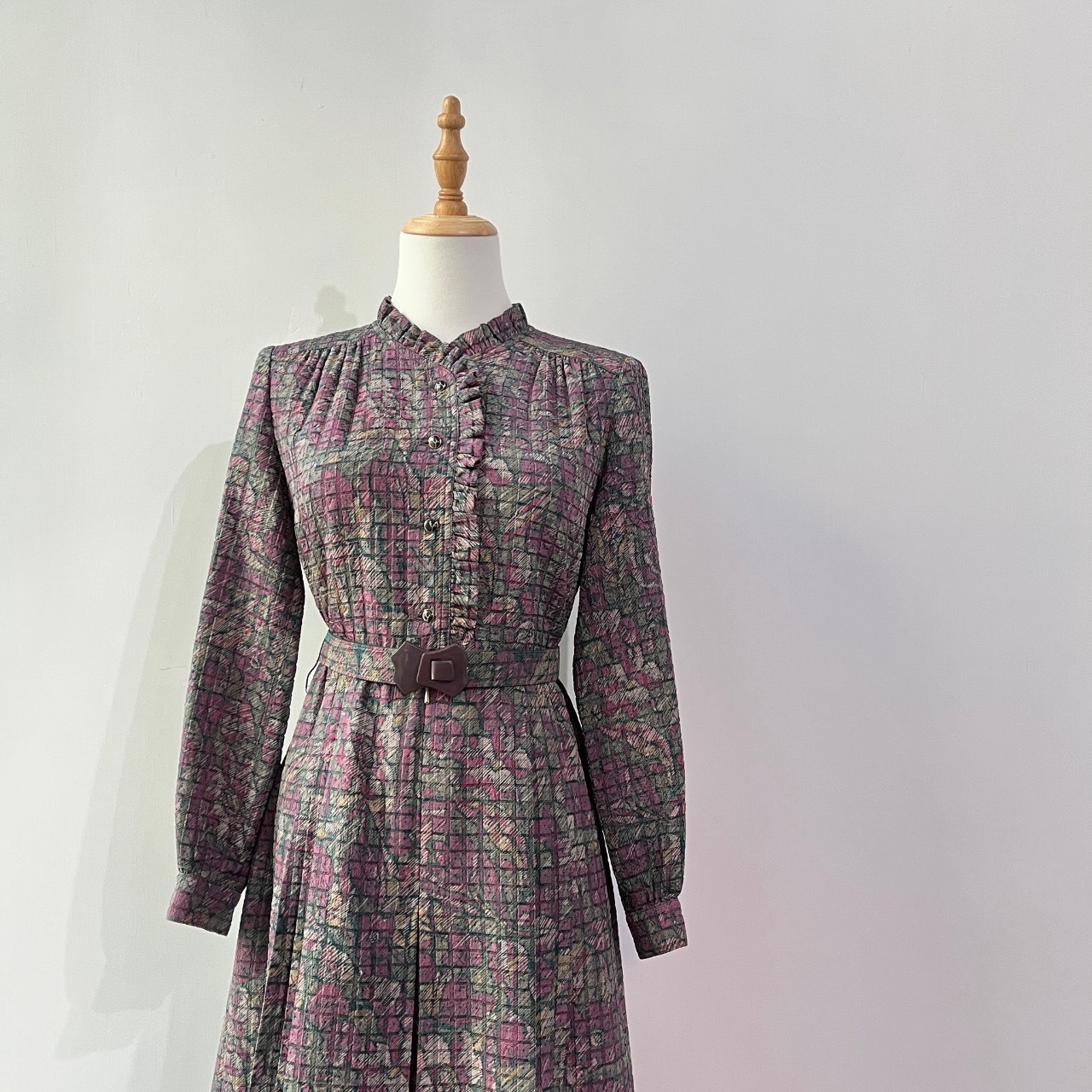 紫綠色立體格紋感荷葉邊連身裙