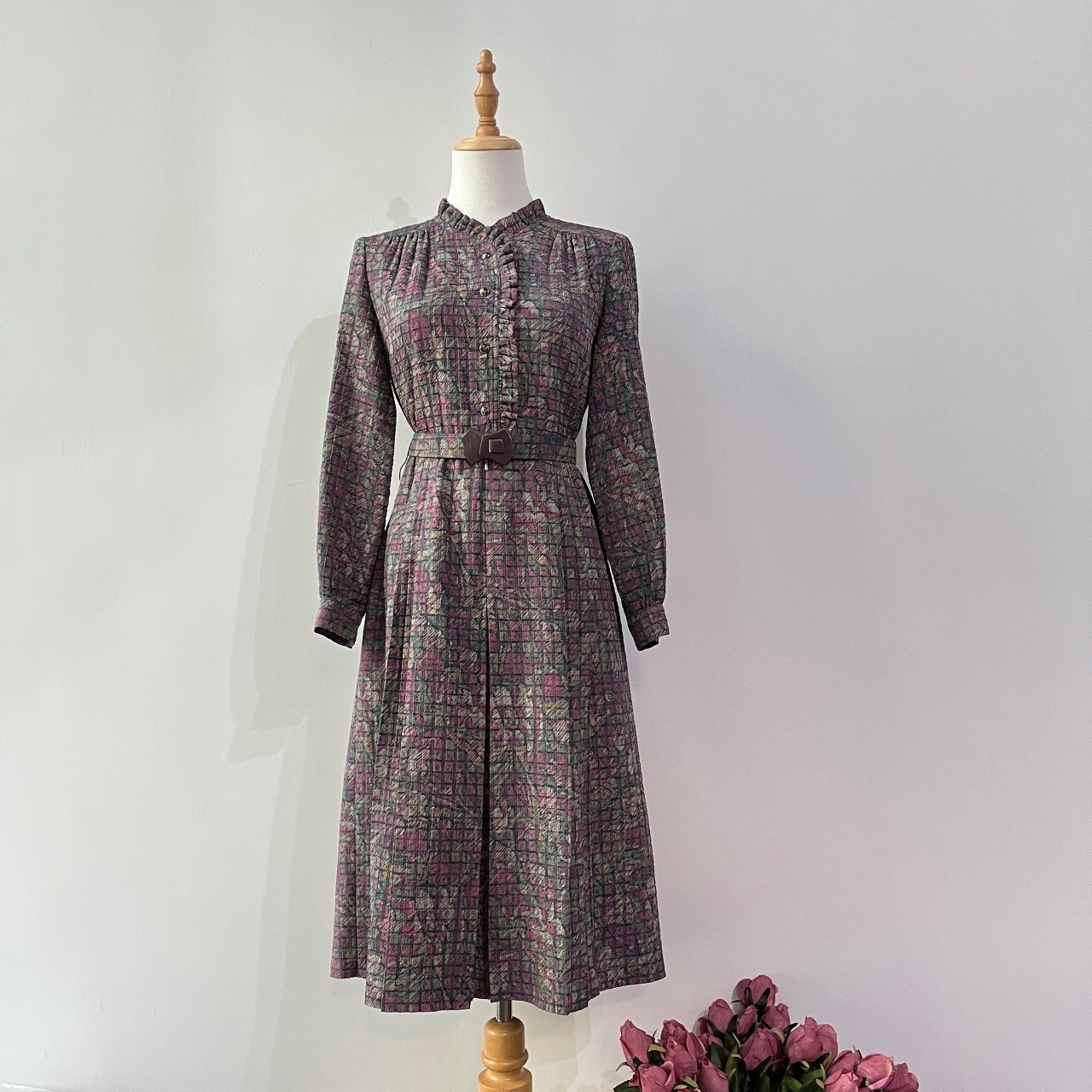 紫綠色立體格紋感荷葉邊連身裙