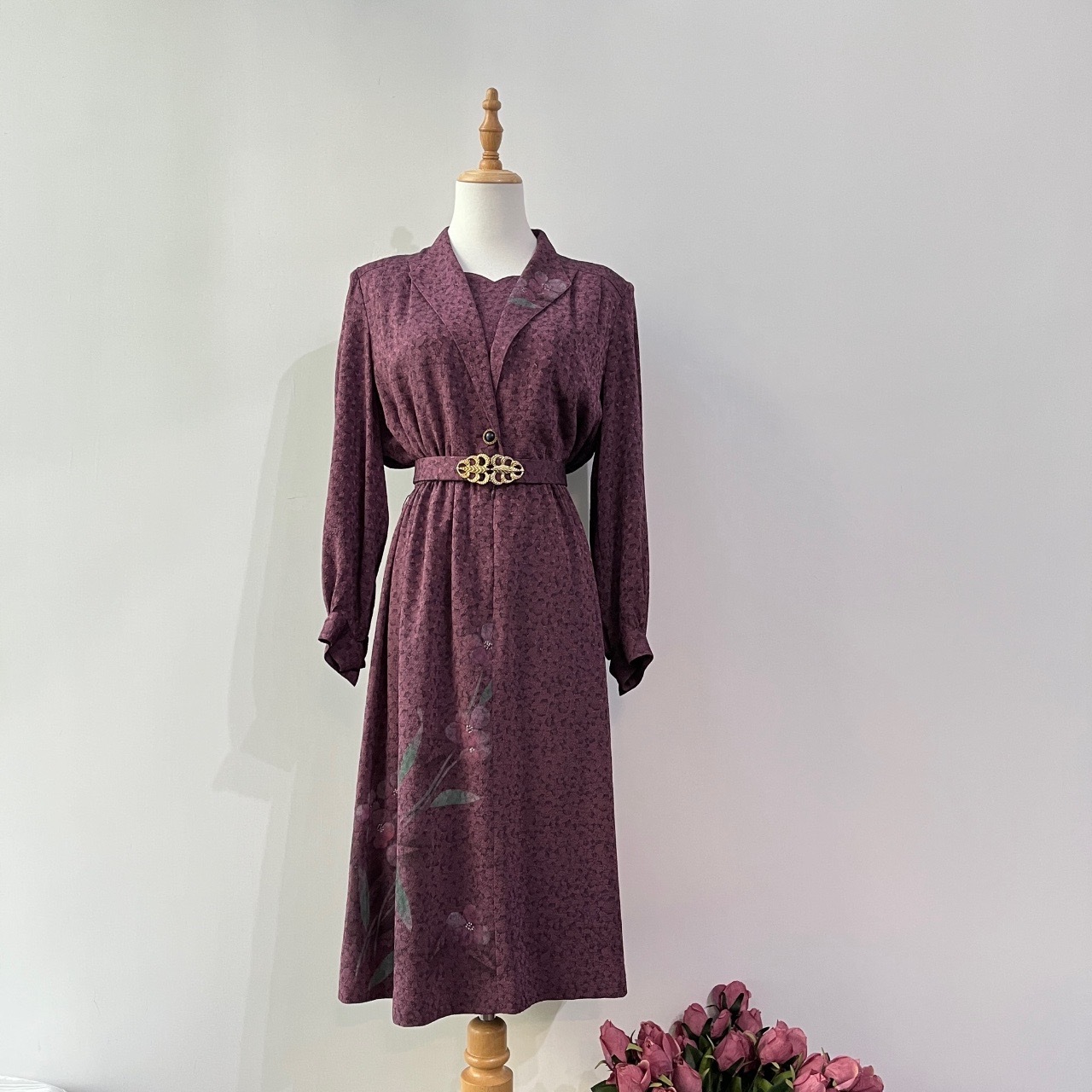 優雅紫色和服布紫花長袖連身裙