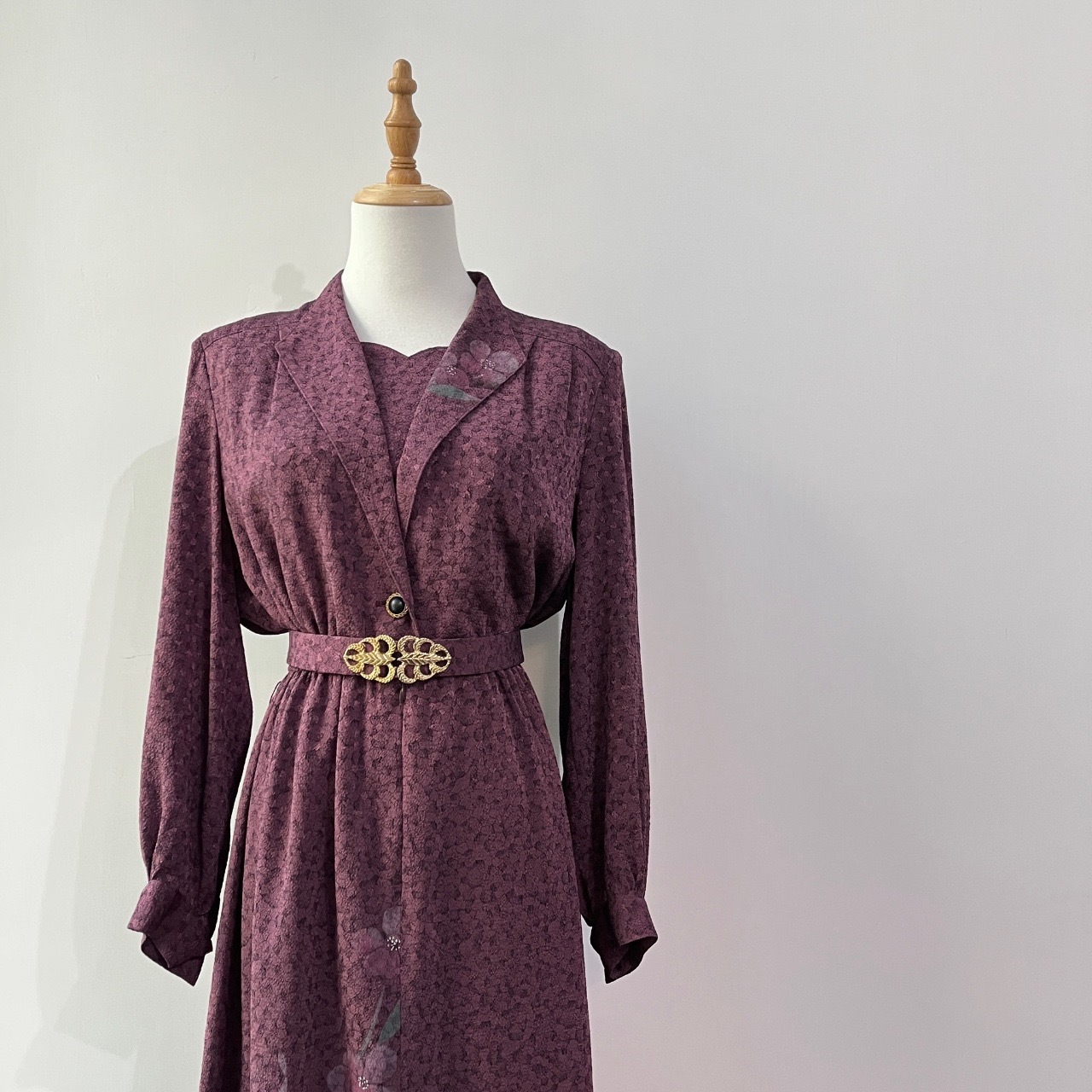 優雅紫色和服布紫花長袖連身裙