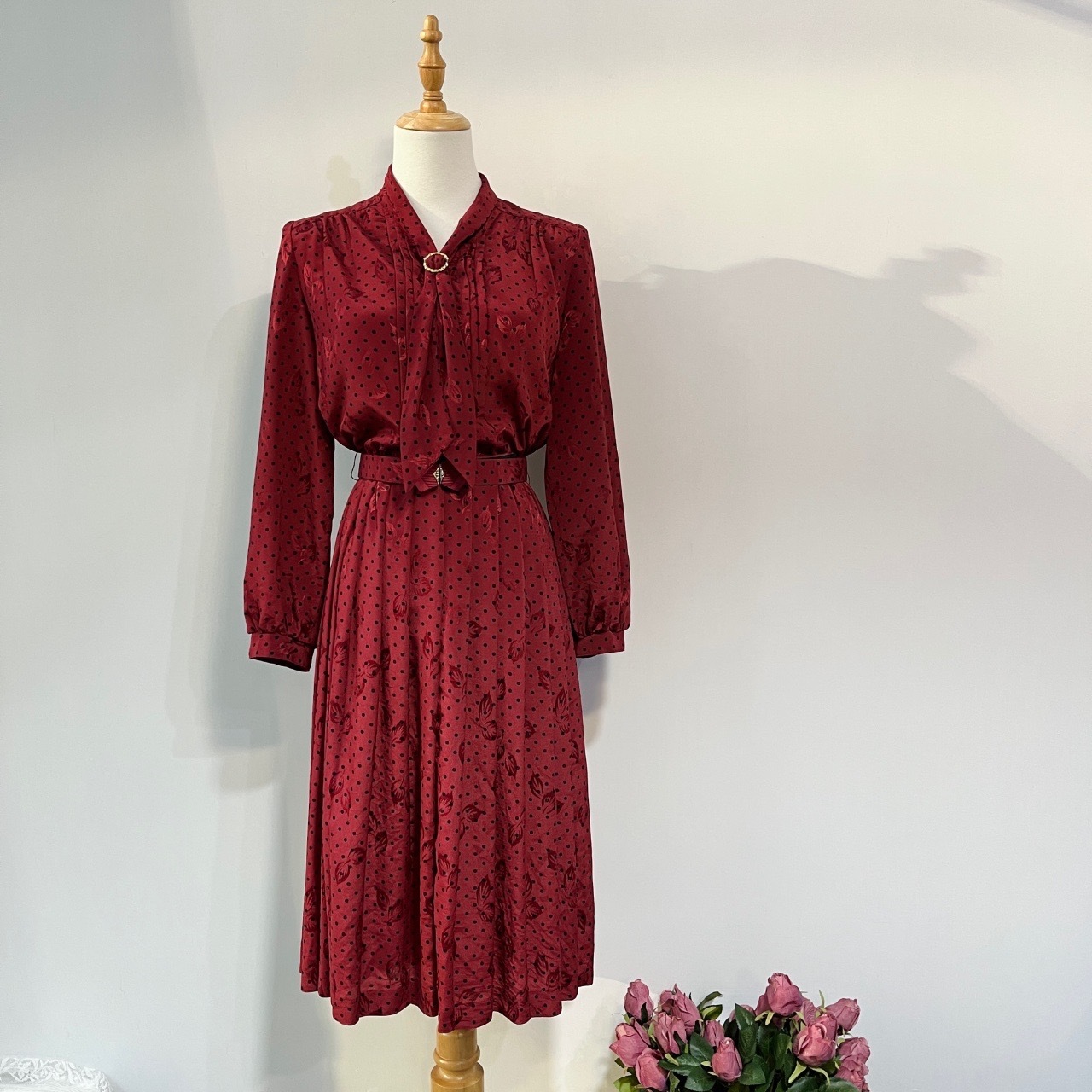 日本製高貴感暗紅色波點連身裙