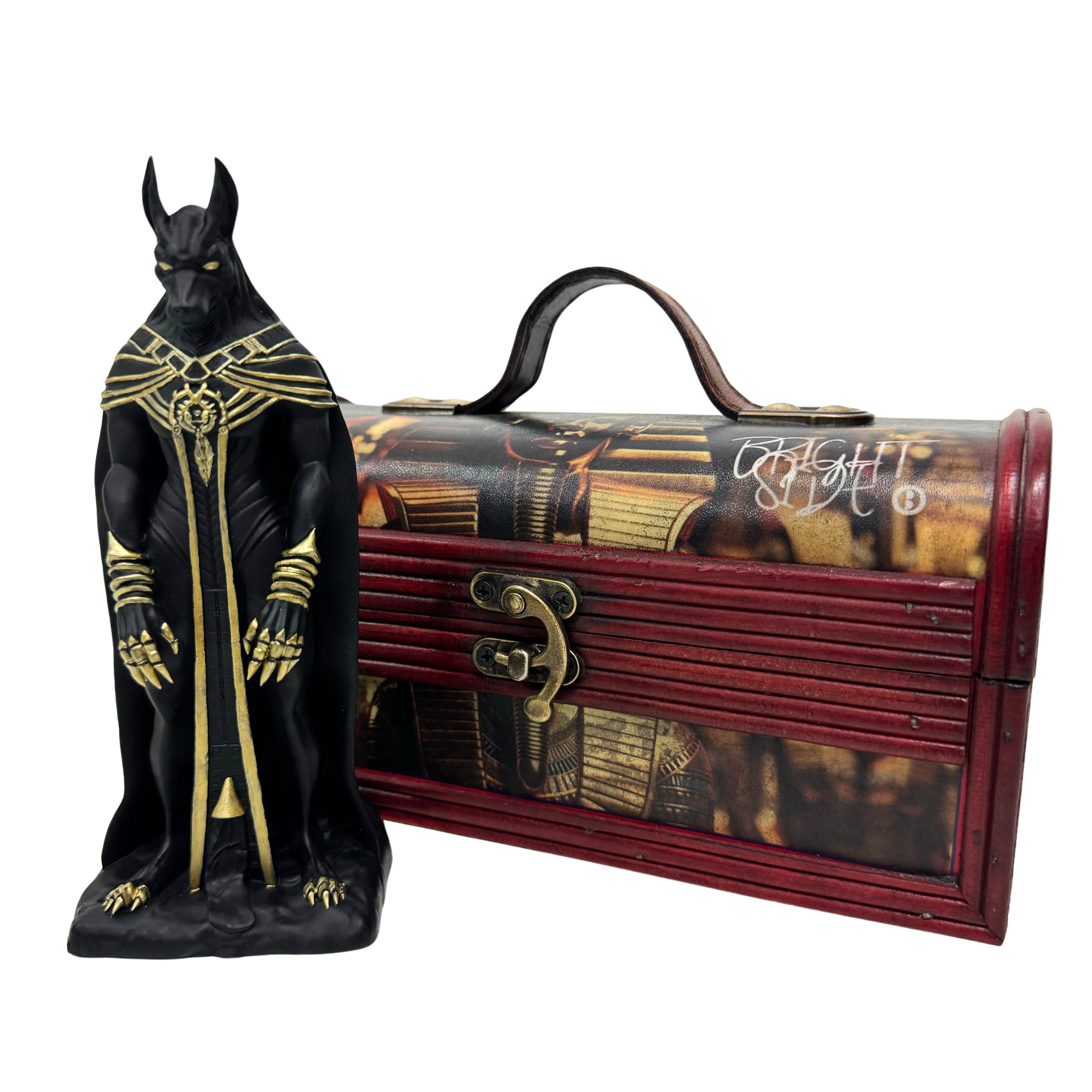 📈職人限量單售系列｜Brightside ® 冥王阿努手工木棺奢華收藏組（🐺特仕站立版 冥王阿努公仔、👁全知之眼黄金法老 手工寶箱）