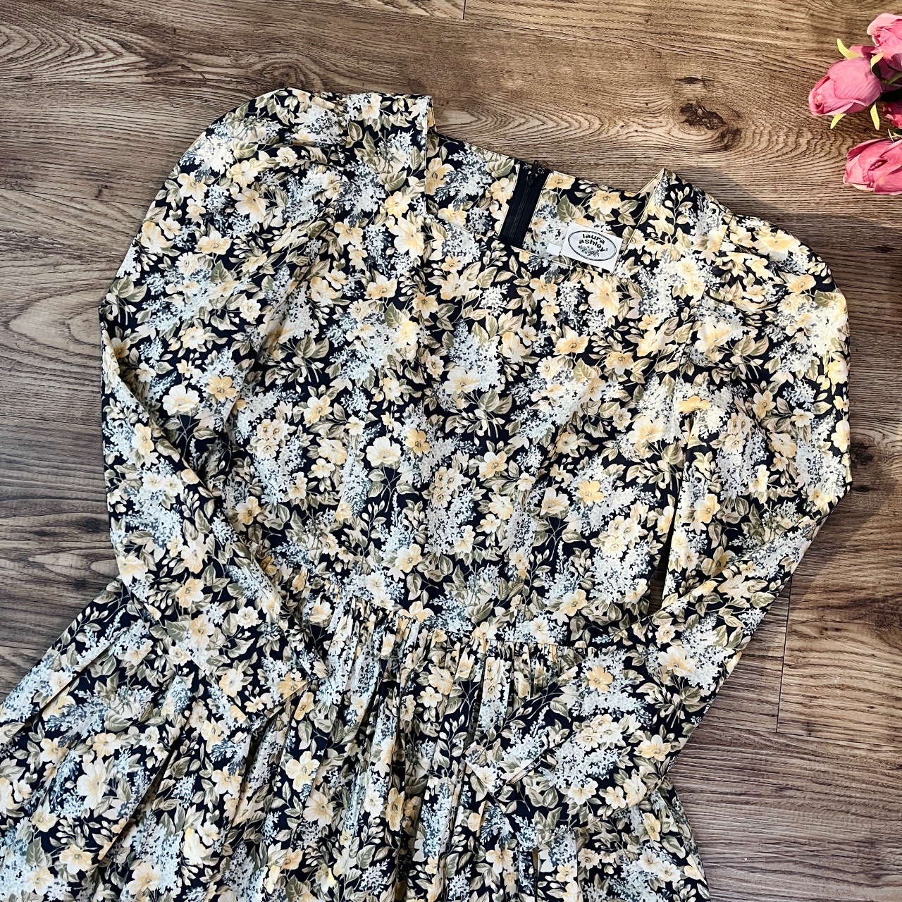 日本製 Laura Ashley 深藍大花葉紋古著長袖連身裙