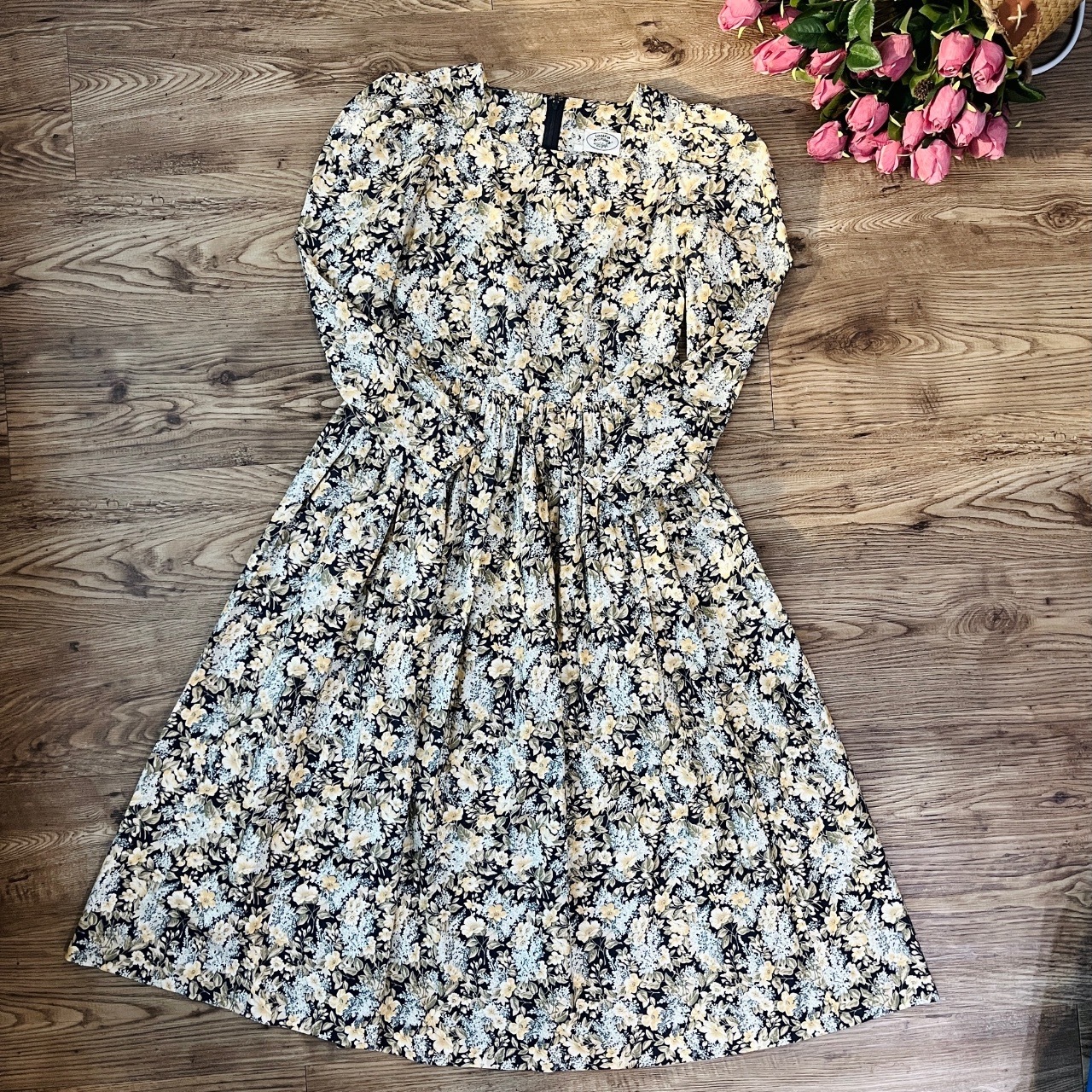 日本製 Laura Ashley 深藍大花葉紋古著長袖連身裙