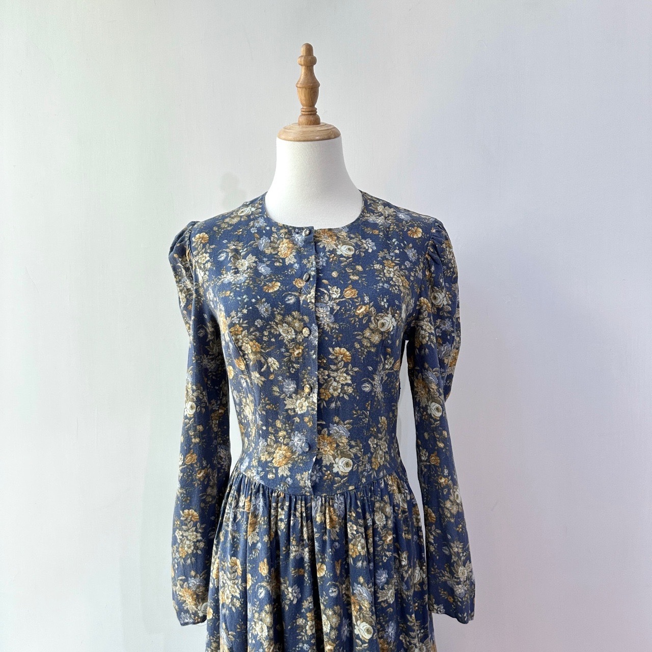 Laura Ashley 80s 霧藍色碎花古著長袖連身裙