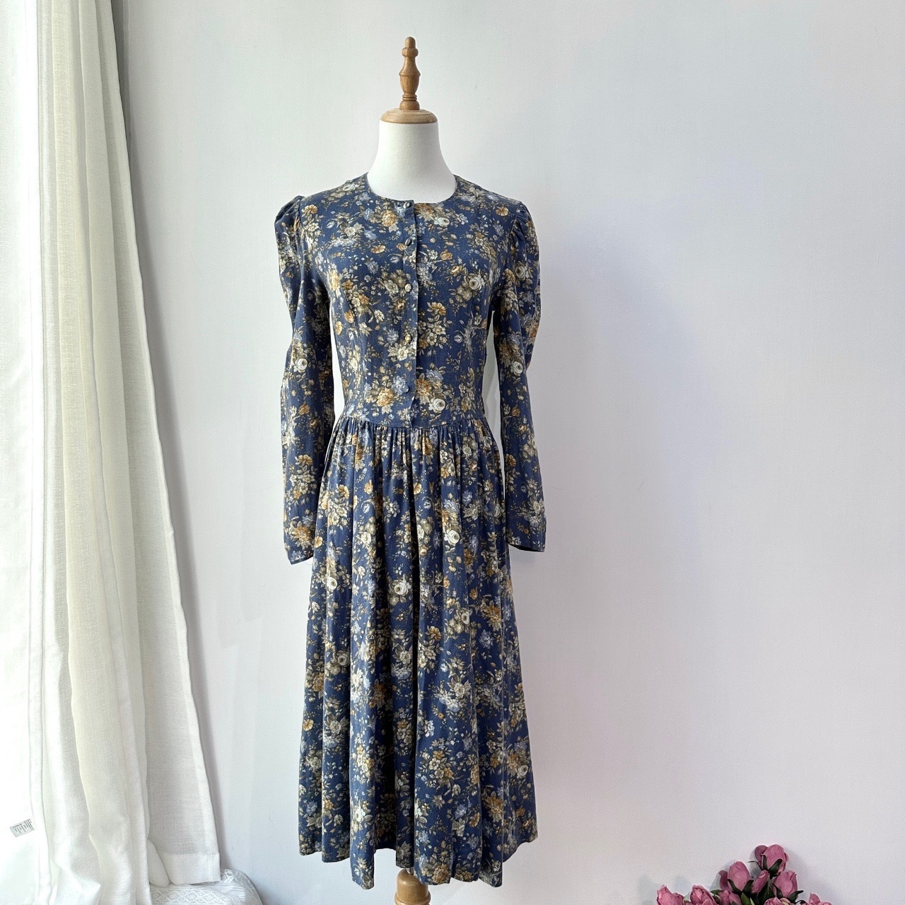 Laura Ashley 80s 霧藍色碎花古著長袖連身裙