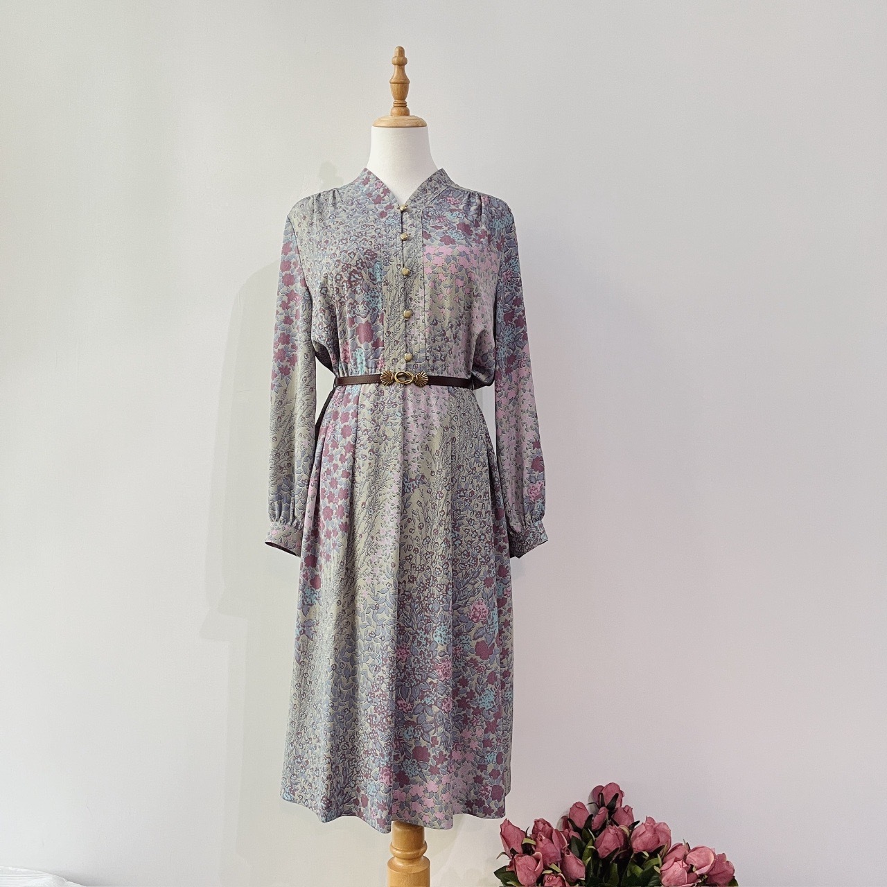 日本製灰色落英繽紛長袖連身裙
