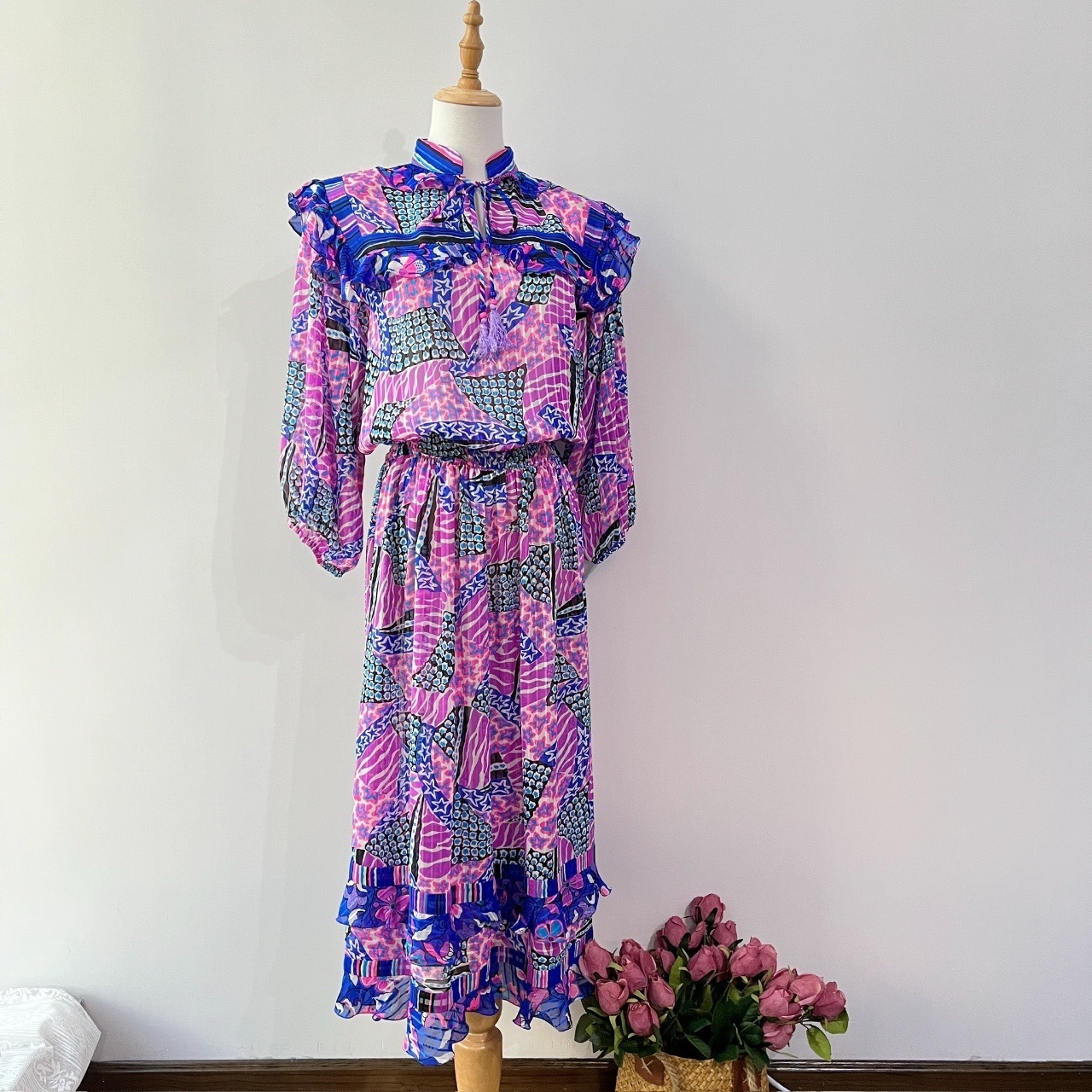 香港製 Lachine Vintage 紫色星星長袖連身裙