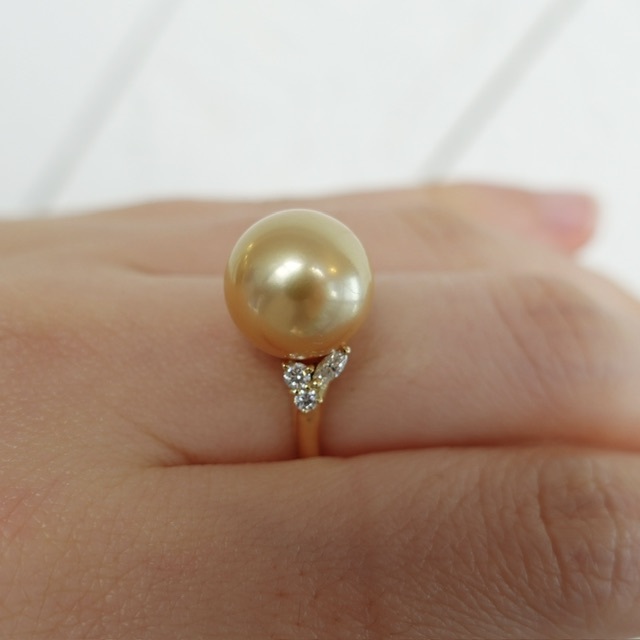 天然茶金色南洋金珠鑽石戒指 - A款 (帶真科研證書)