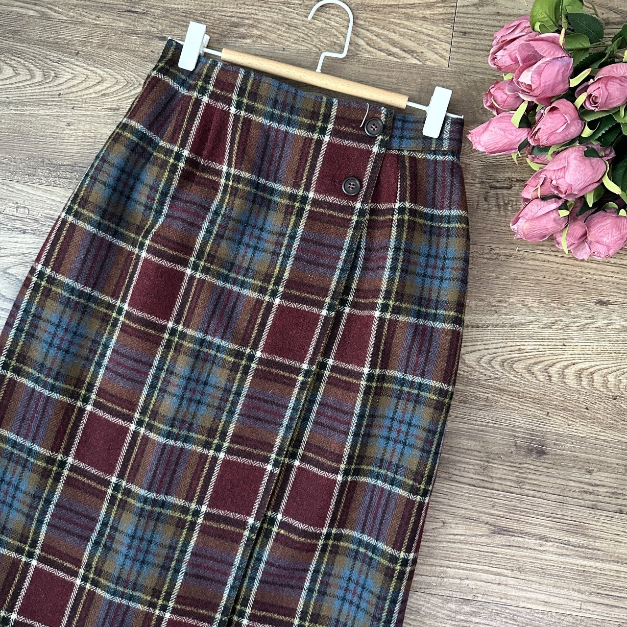 紫紅格紋羊毛半身裙