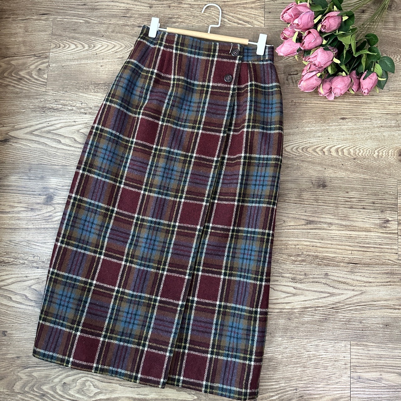 紫紅格紋羊毛半身裙