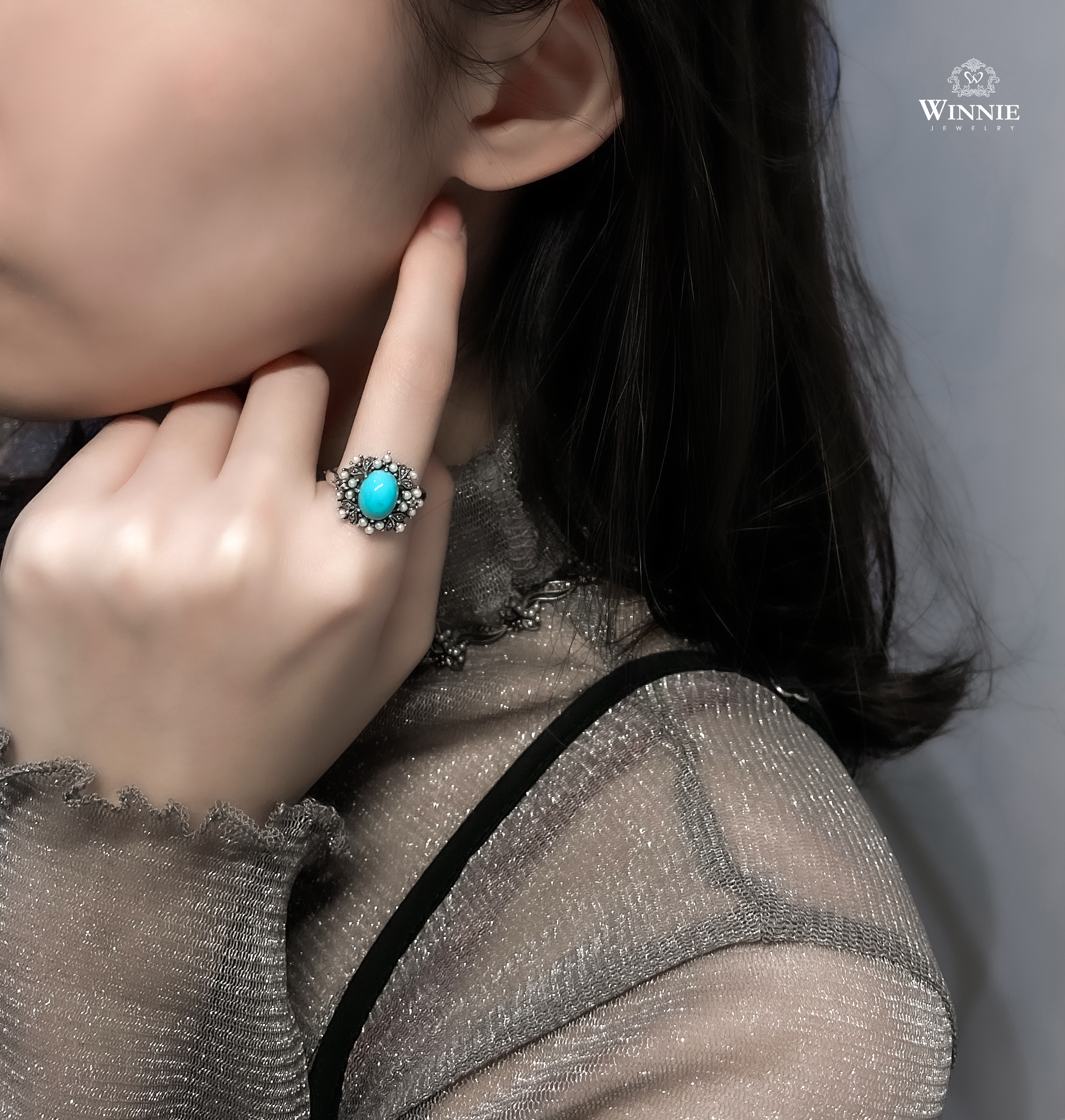 雪花綠松石小米珠戒指