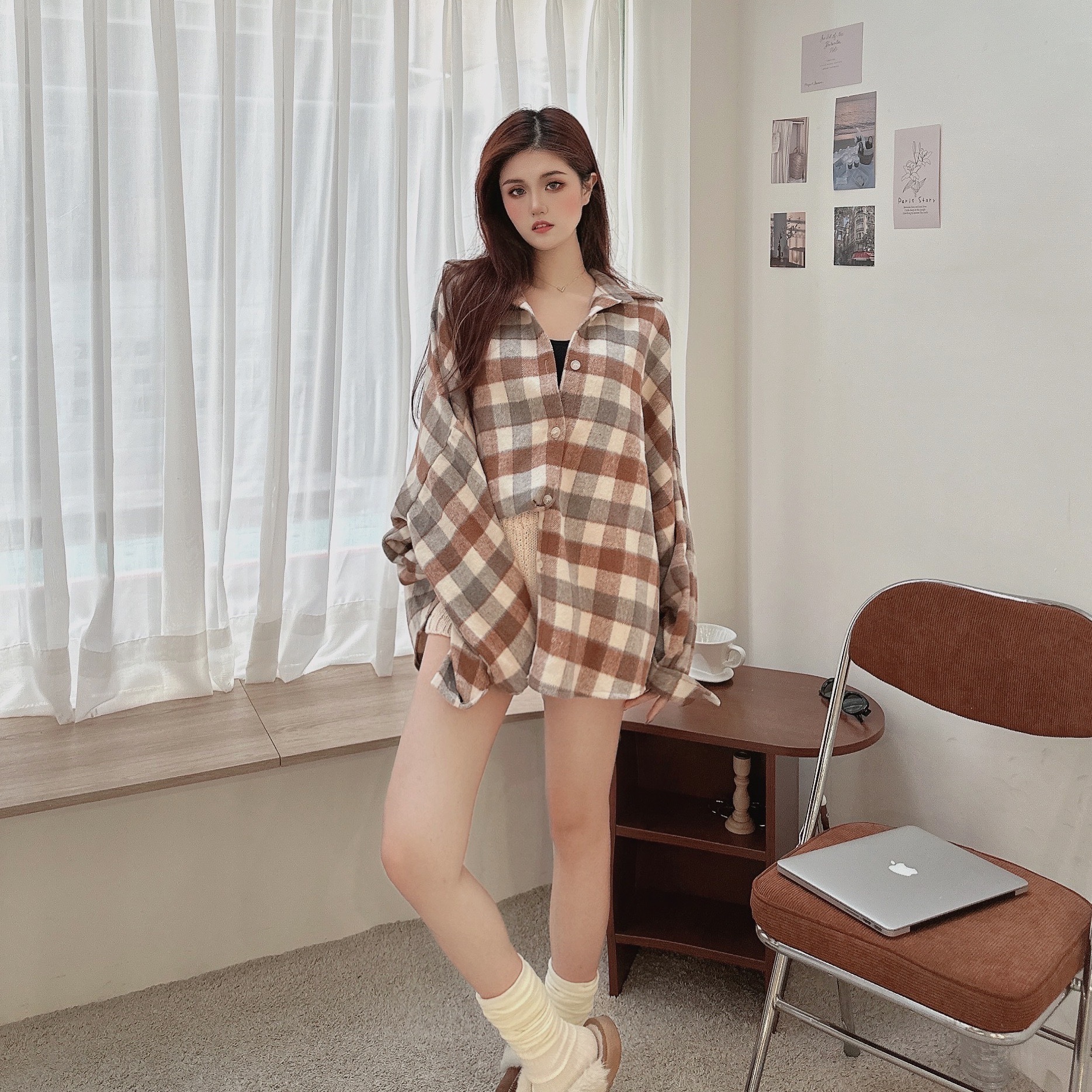 厚料毛呢格紋襯衫/二色