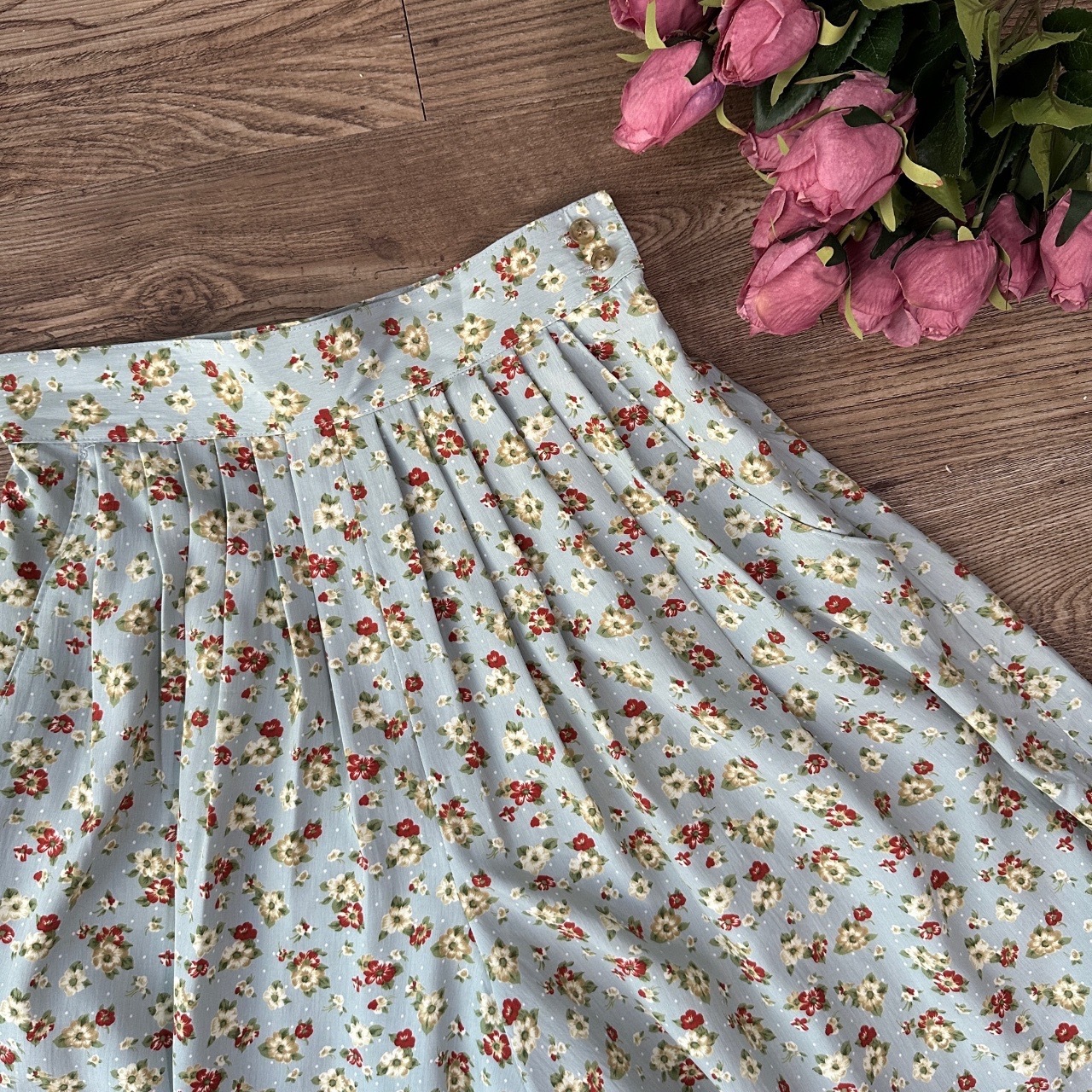 日本製粉嫩藍色碎花闊褲