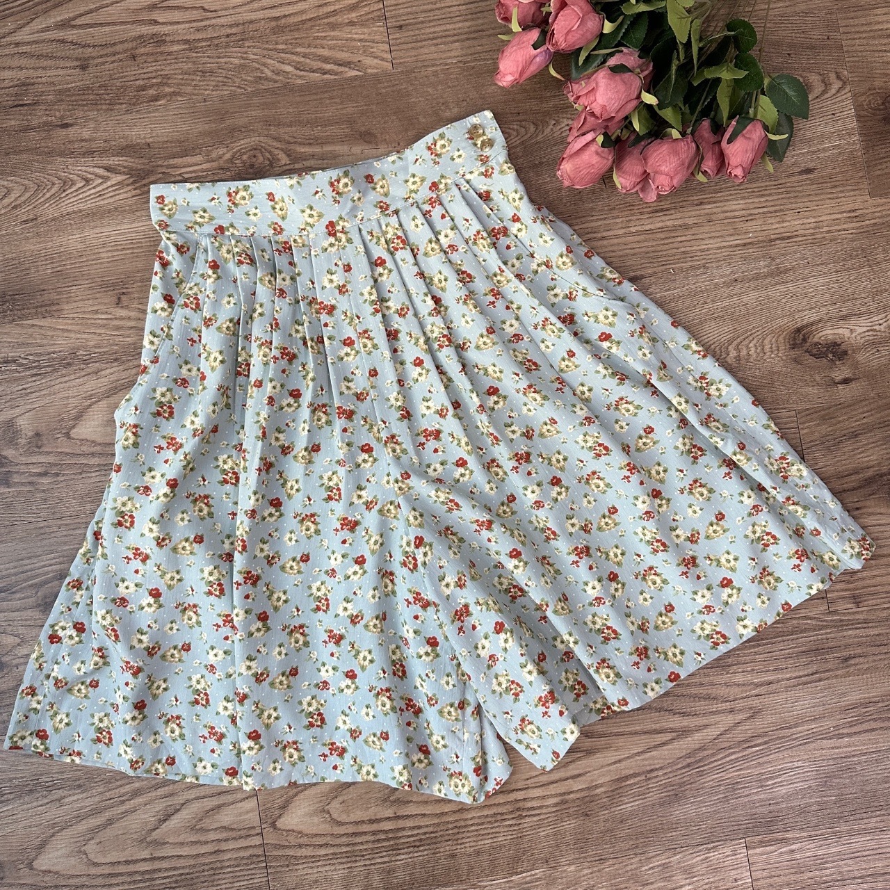 日本製粉嫩藍色碎花闊褲