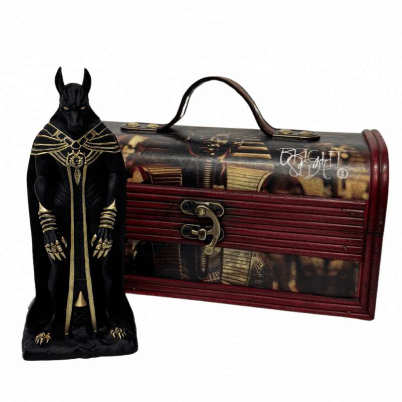 📈職人限量單售系列｜Brightside ® 冥王阿努手工木棺奢華收藏組（🐺特仕站立版 冥王阿努公仔、👁全知之眼黄金法老 手工寶箱）