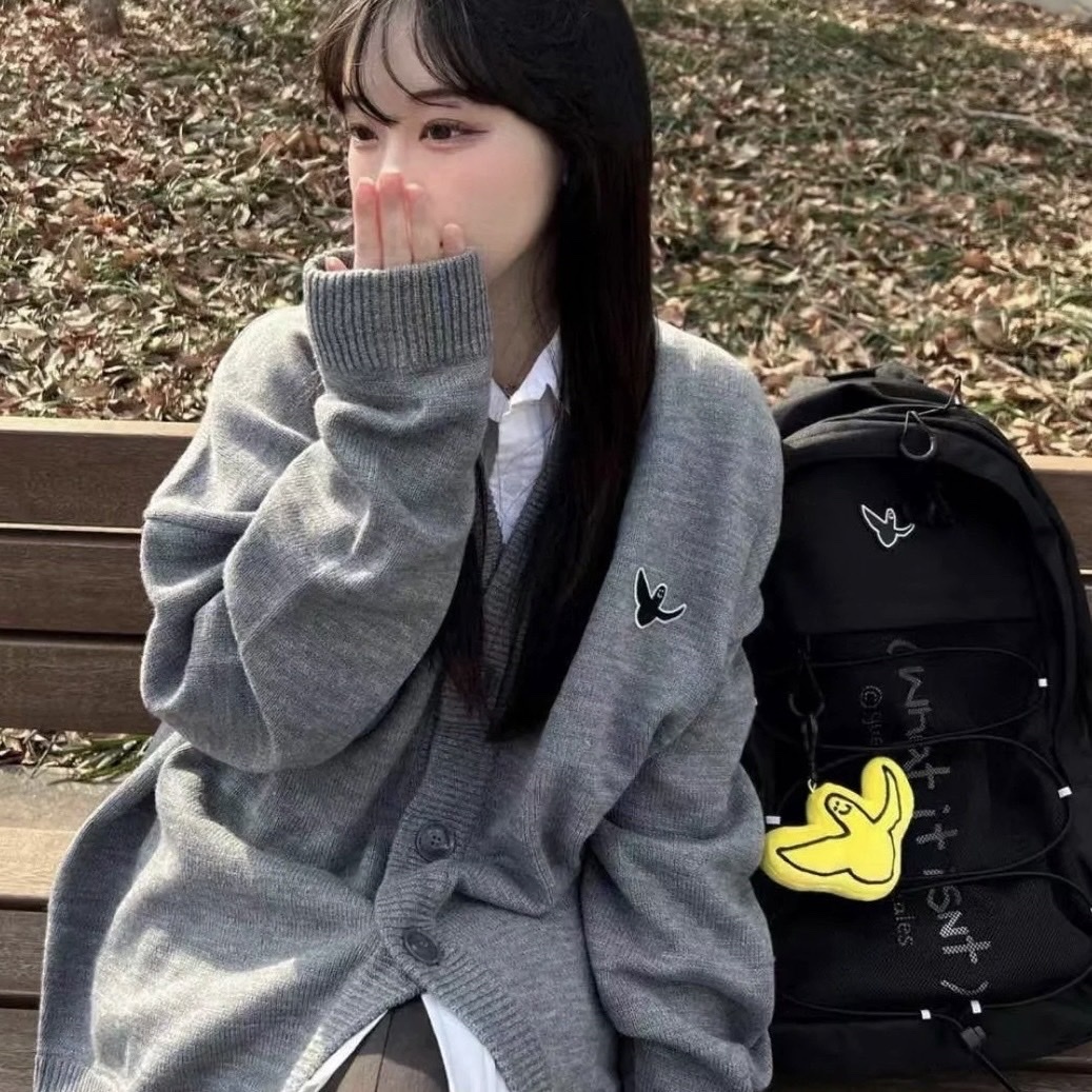 WHATITISNT 小天使刺繡 黑/灰/米白 針織外套 保暖 情侶衣