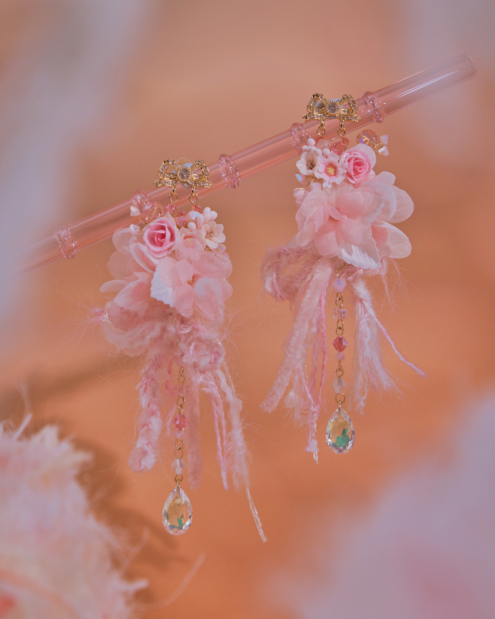 Teddy's Gift of Rose Fabric Ribbon Earrings