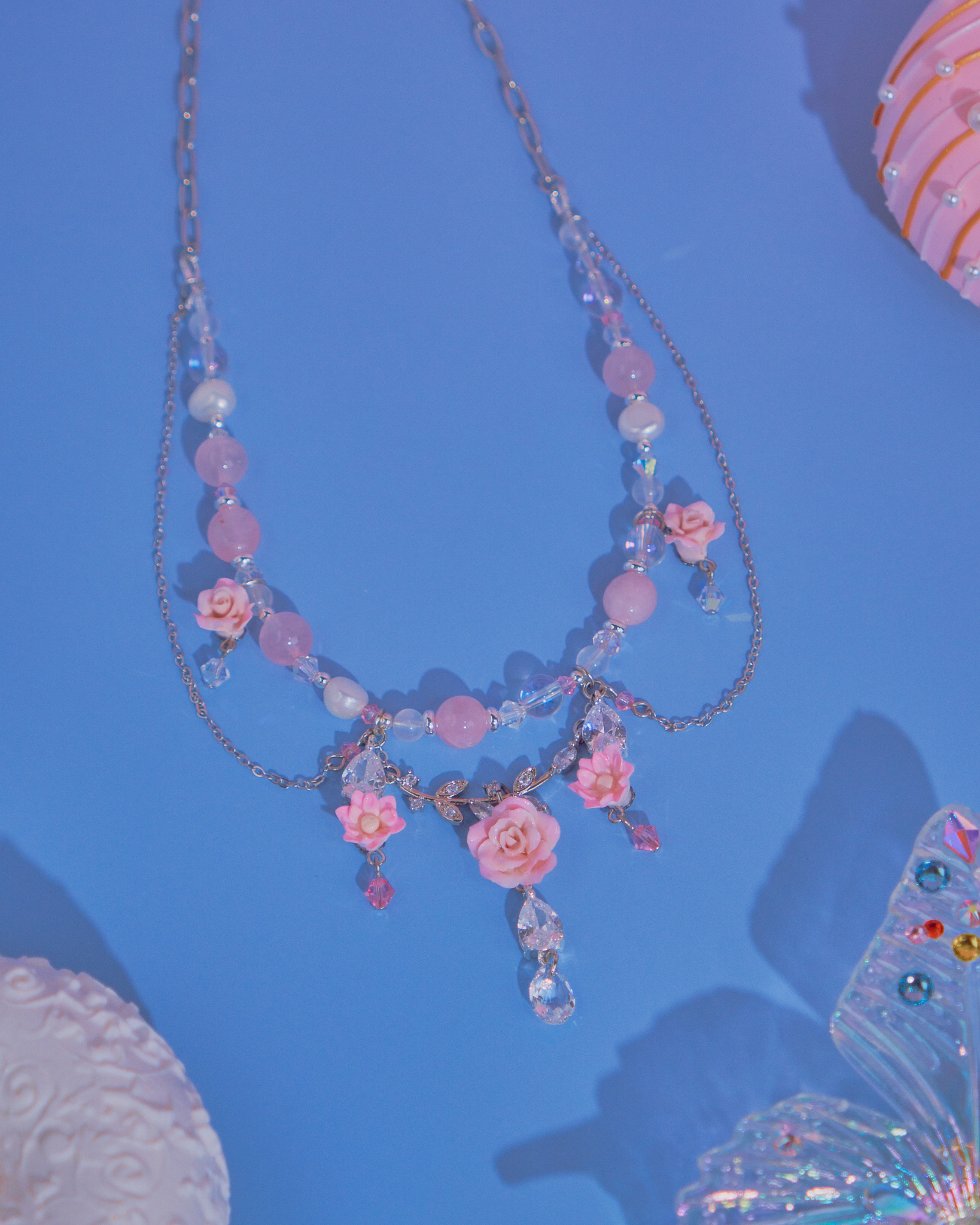 Mischievous Bear with Rose Quartz Collar Necklace