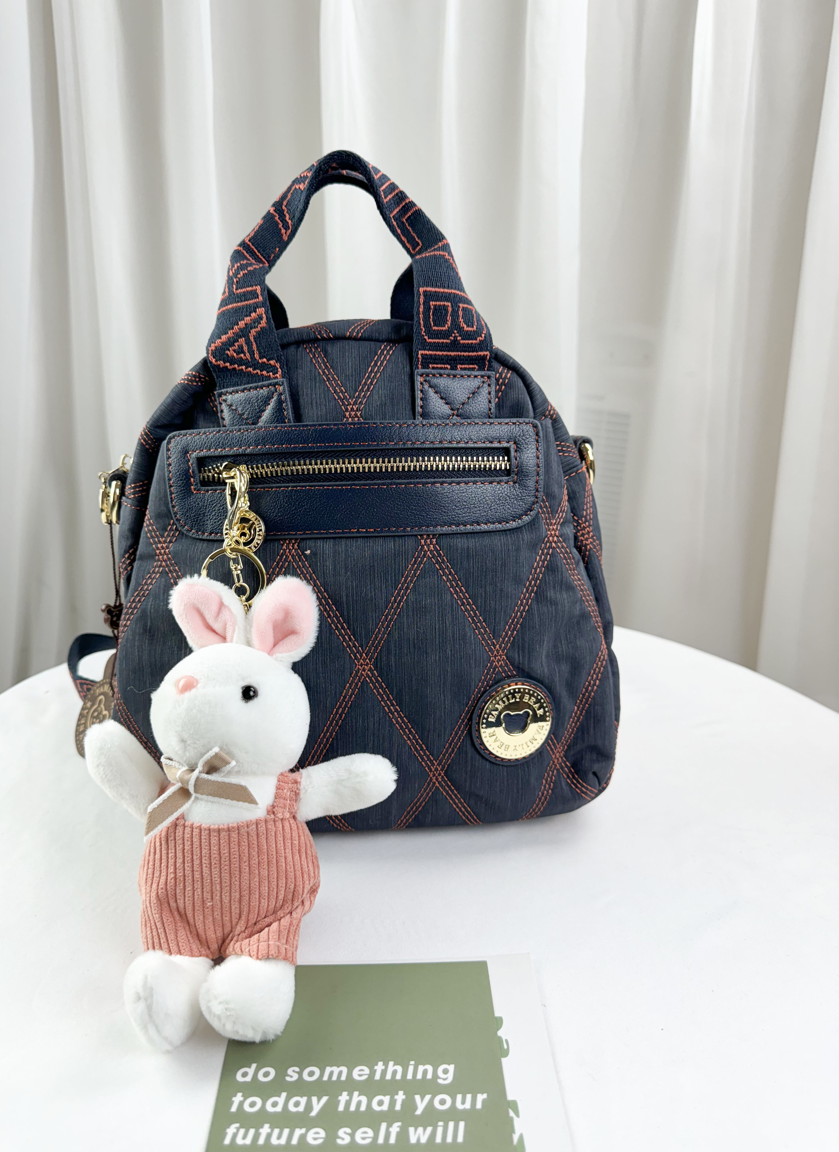 GOODS 藍橙菱格線尼龍後背包 / 側背包 / 手提包  附兔兔吊飾  #2750