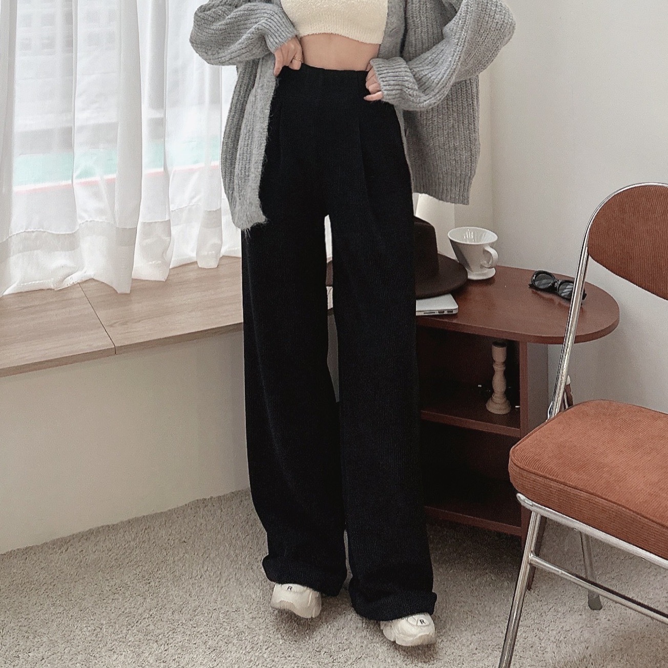 燈心絨褲管反摺寬褲/三色