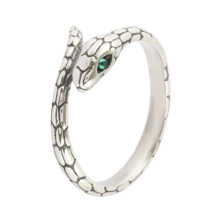 白鋼戒指，男士戒指 纏繞蛇形；鑲嵌碧綠鋯石（3584）
