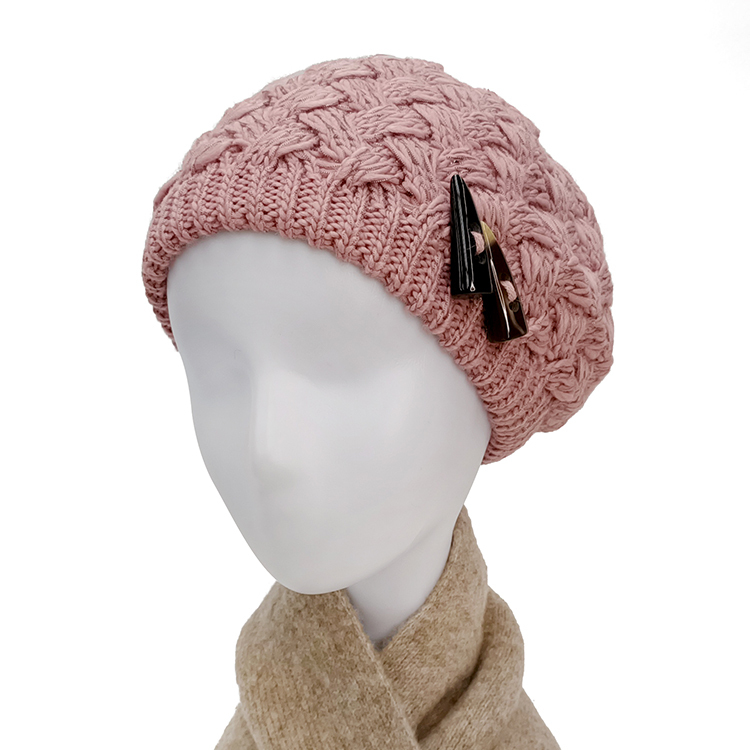 牛角扣針織貝蕾帽-粉色