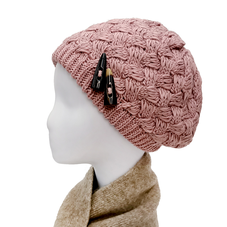 牛角扣針織貝蕾帽-粉色