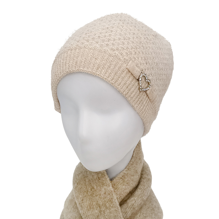 愛心亮鑽柔軟毛帽-米色