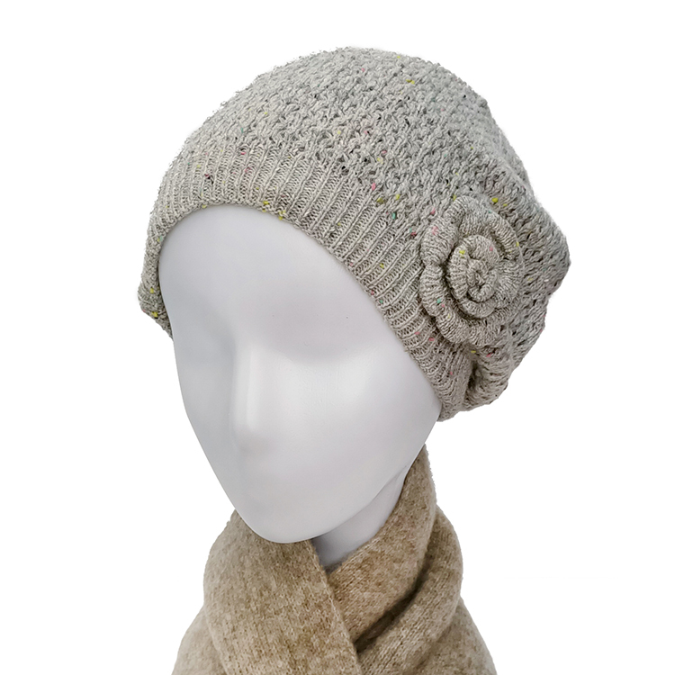 立體針織花朵毛線帽-灰色