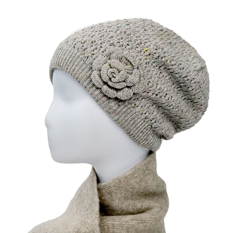 立體針織花朵毛線帽-灰色