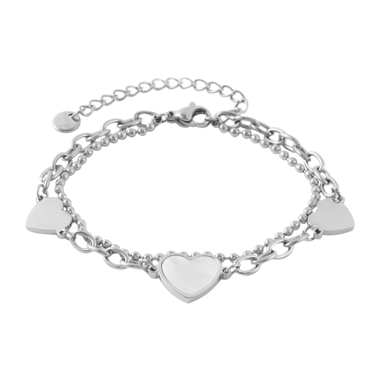 白鋼手鍊，女士手鍊 心型綴飾與貝殼相融；雙鍊造型設計（3565 銀色）
