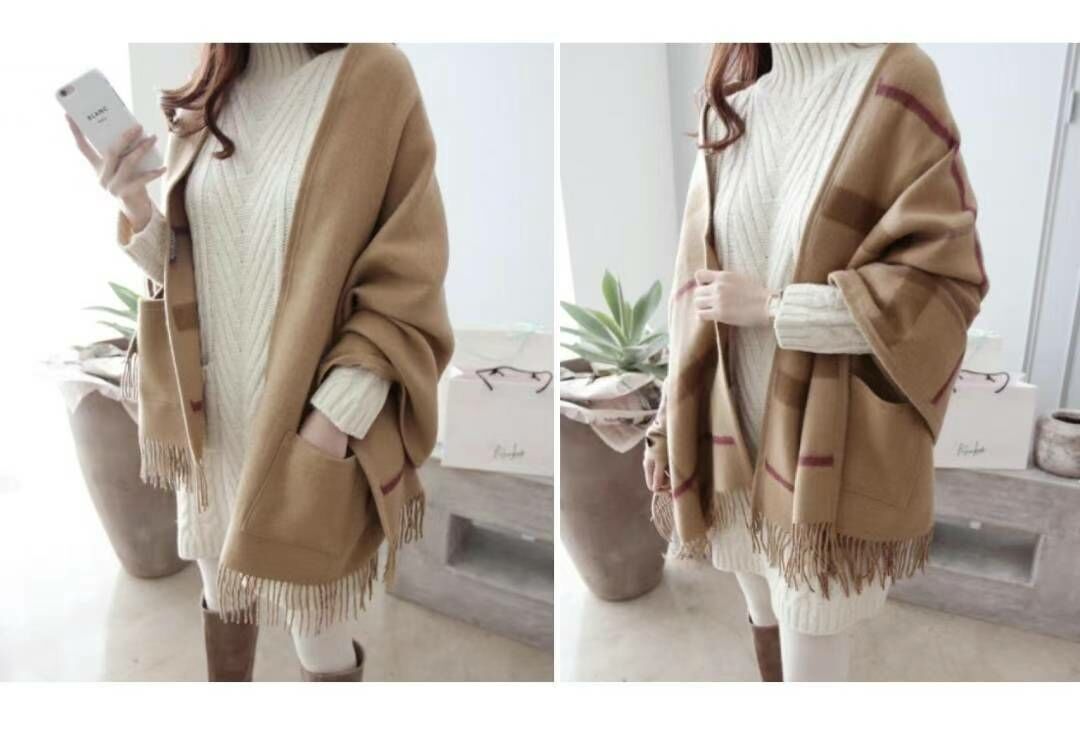 N811 雙面著口袋格紋披肩