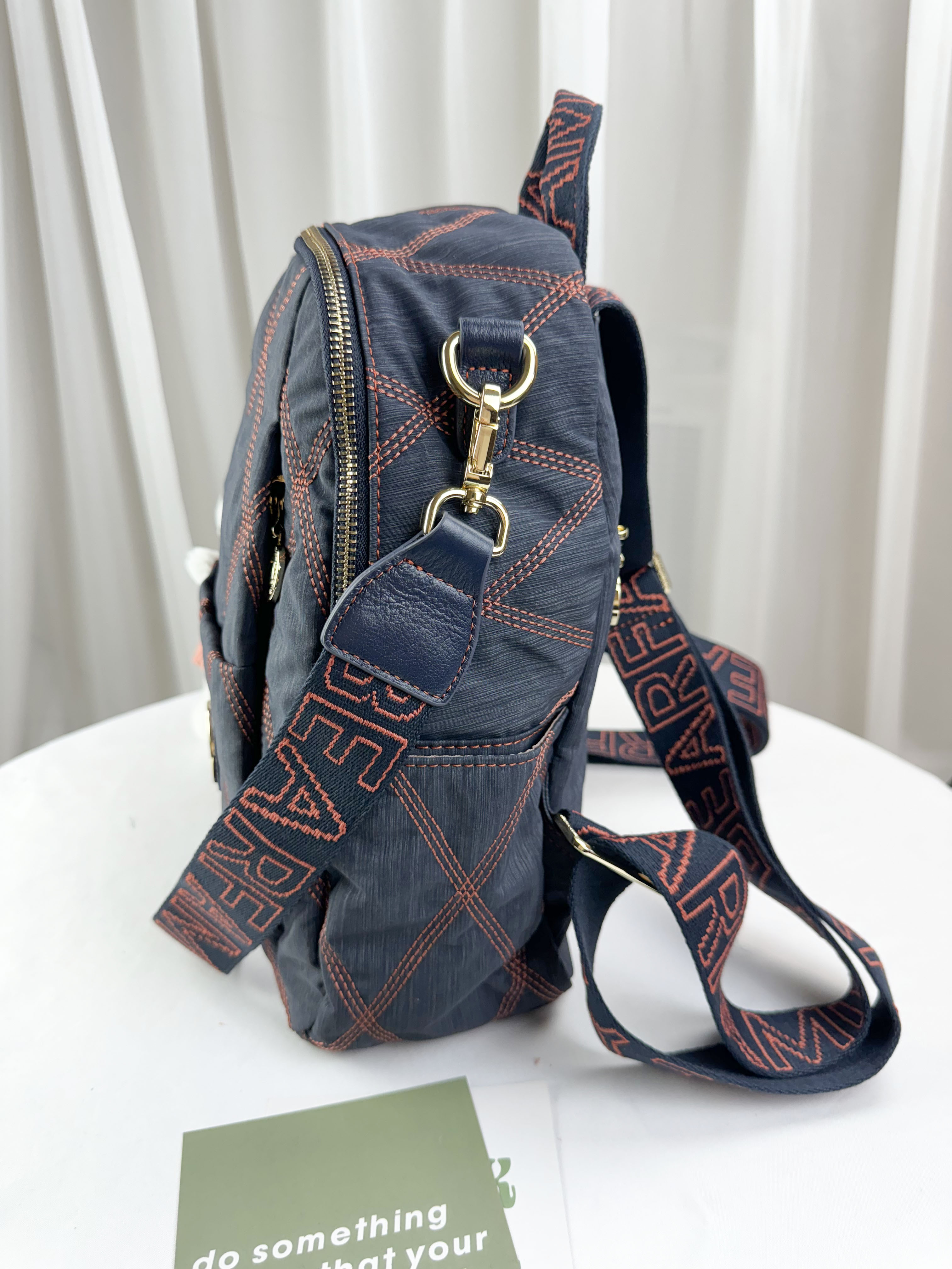 GOODS 藍橙菱格線尼龍防潑水後背包 / 側背包 附兔兔吊飾 #2743