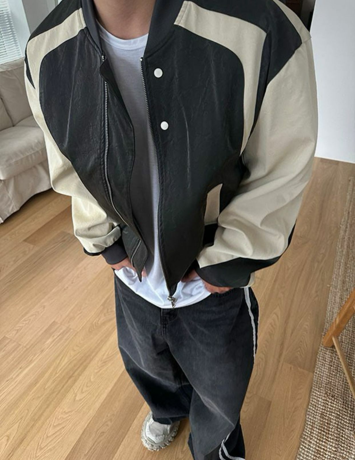 拼色拉鍊合成皮外套 LOAFER-JK004