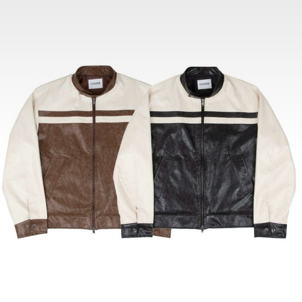 企領拼色拉鍊合成皮褸 LOAFER-JK005