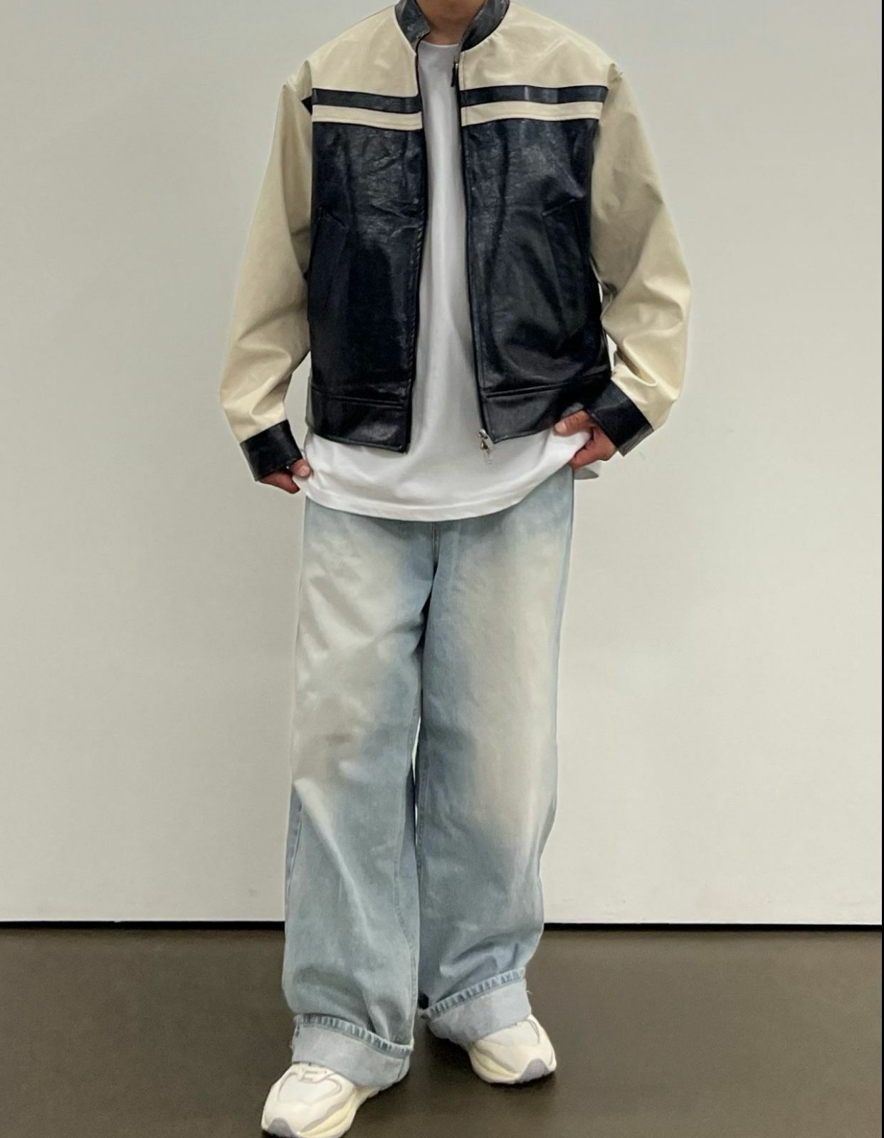 企領拼色拉鍊合成皮褸 LOAFER-JK005