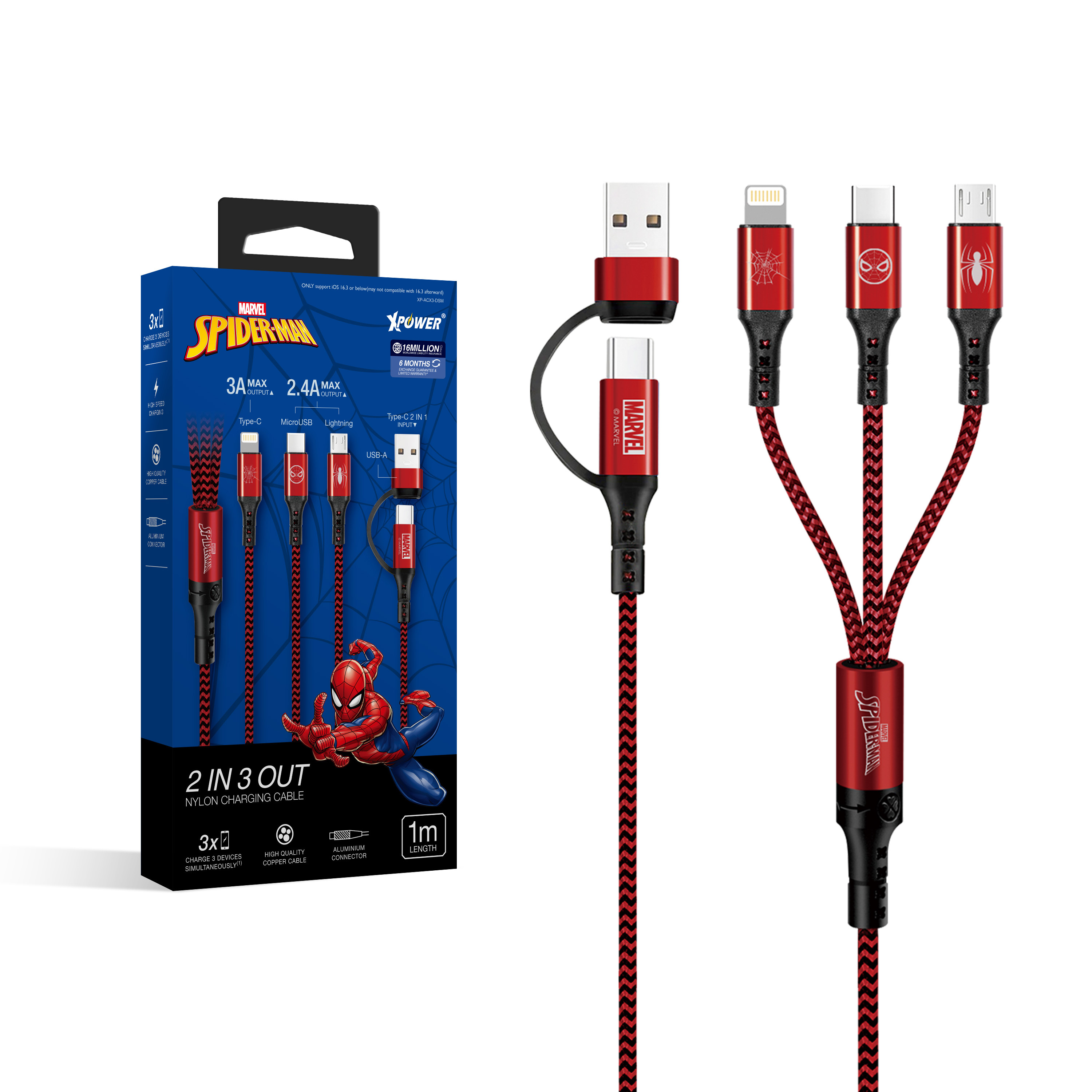 蜘蛛俠系列 ACX3 2出3高速充電編織線(特價產品3個月保養)