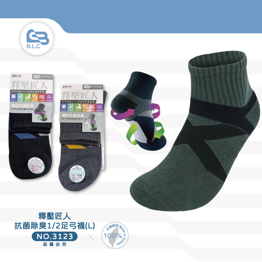 230釋壓匠人抗菌除臭1/2足弓襪L*B3123